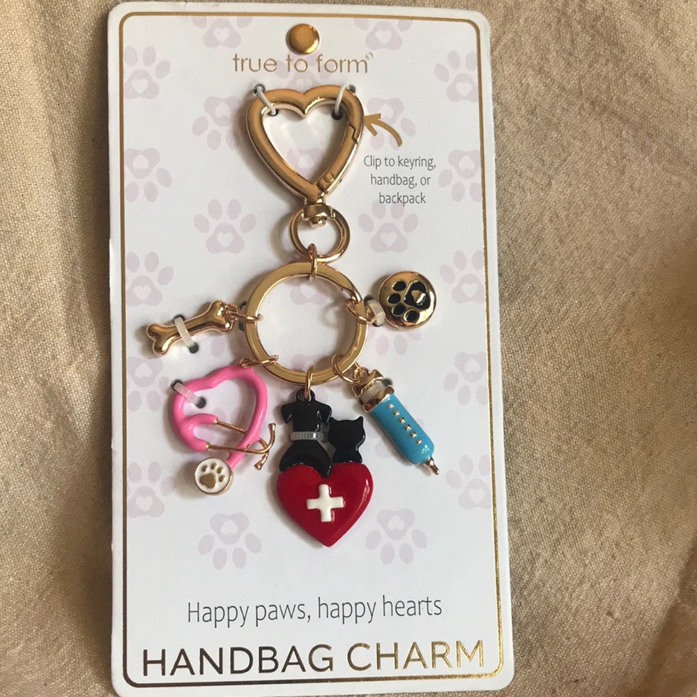 NEW~Gold-tone Pet Care Handbag Charm with Pet Care Charms.